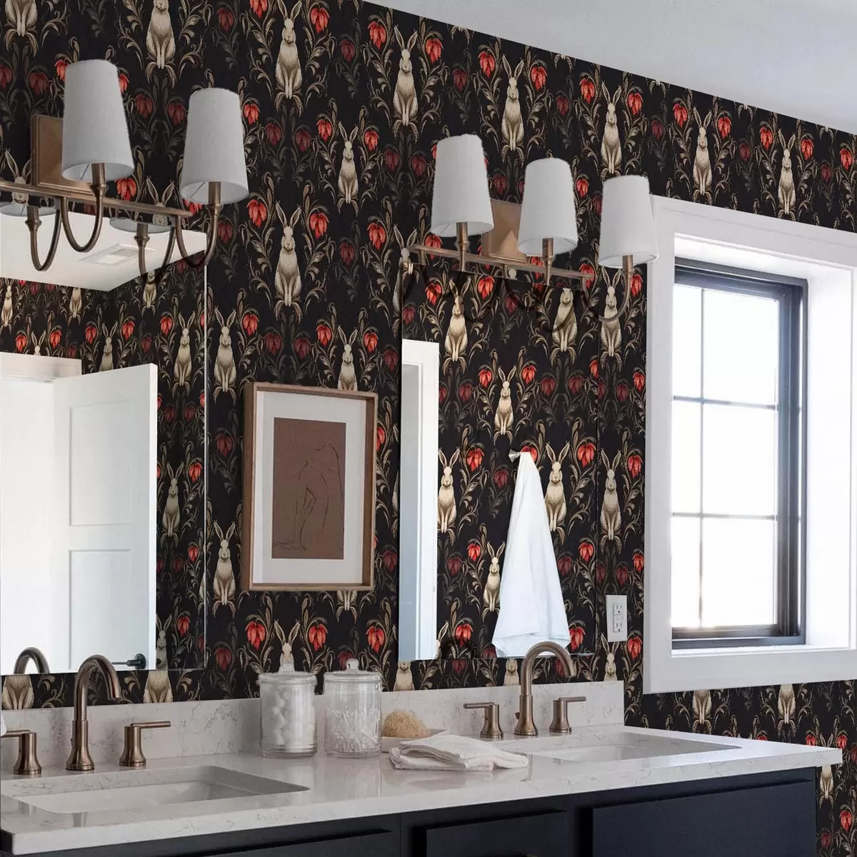 Тапети Заек и червени цветя на тъмен фон a00102