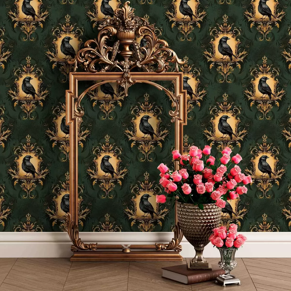 Тапети Врана в рамка на зелен фон a00105