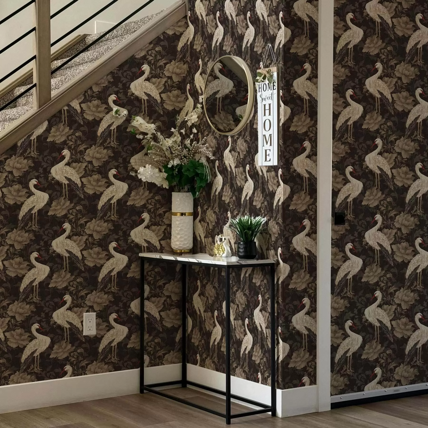 Фототапет Жерави сред големи цветя в класическа пастелна палитра a00108