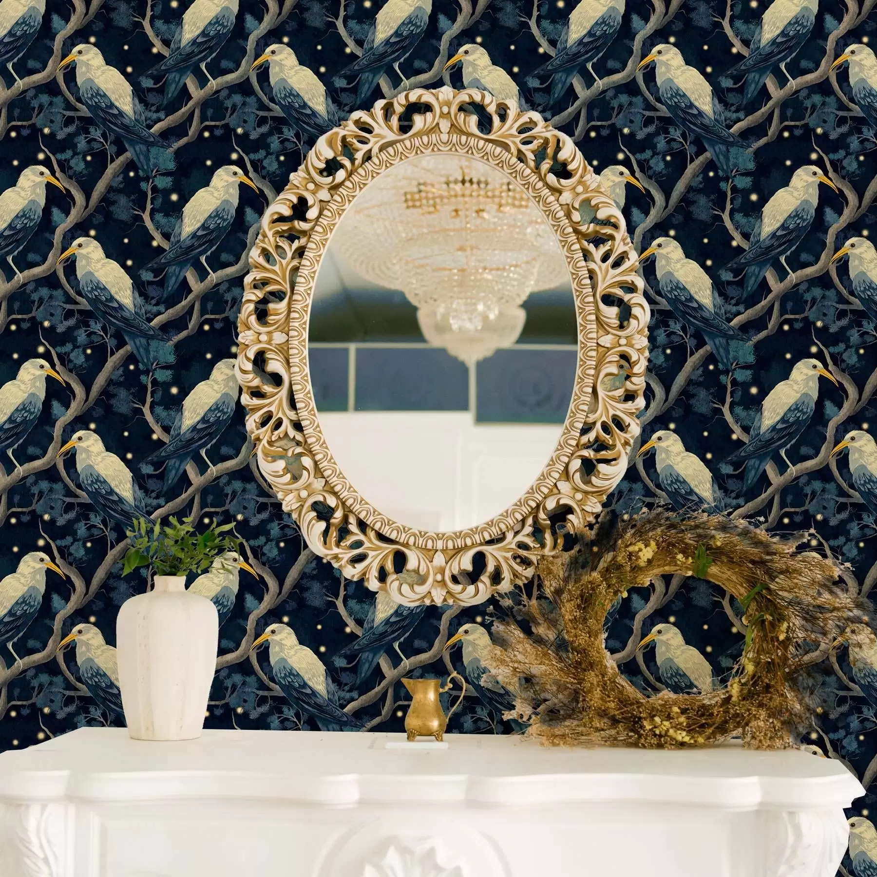 Фототапет Бели птици на клони сред светещи светулки в нощната гора a00109