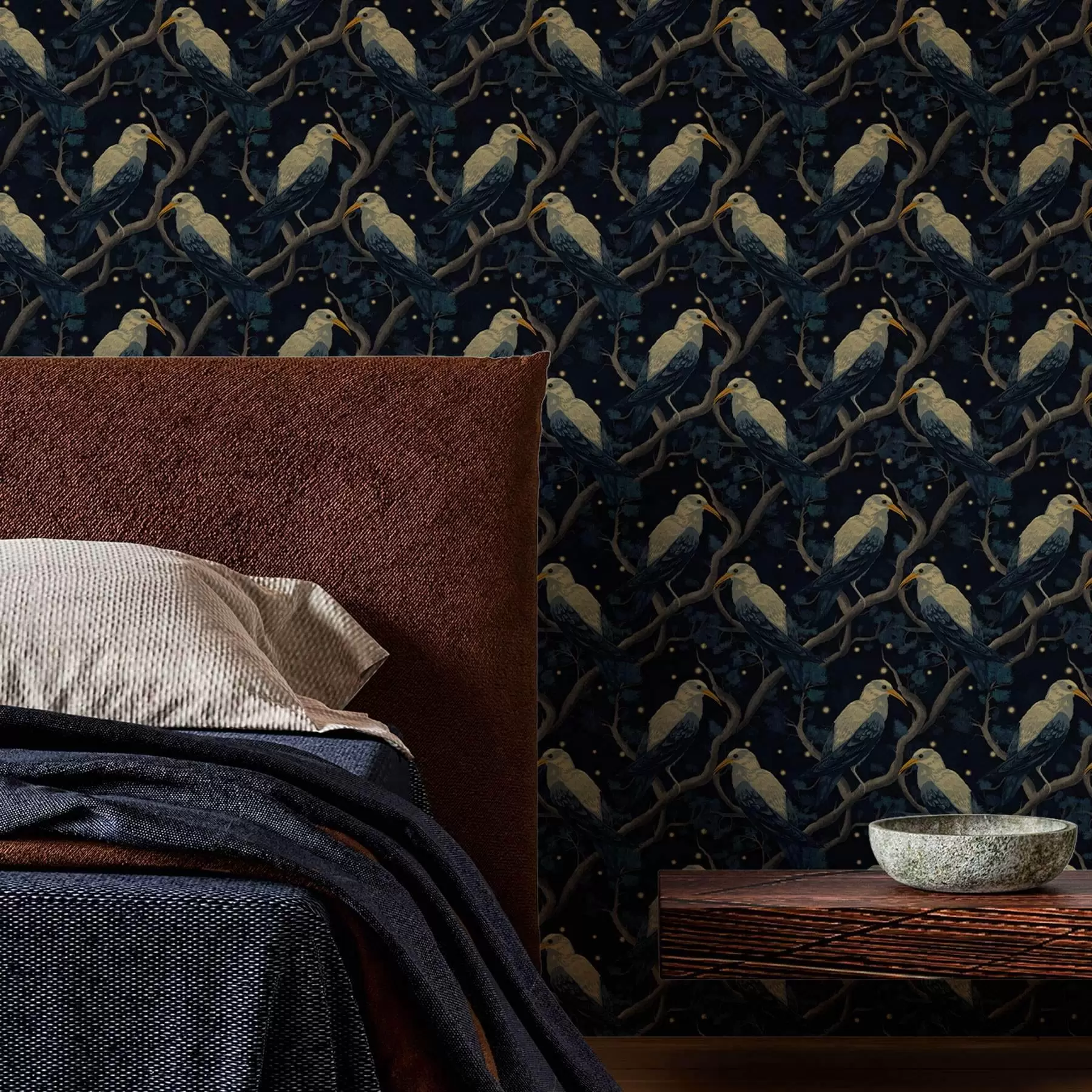 Фототапет Нощни птици върху клони и звезди на тъмносин фон a00109v1