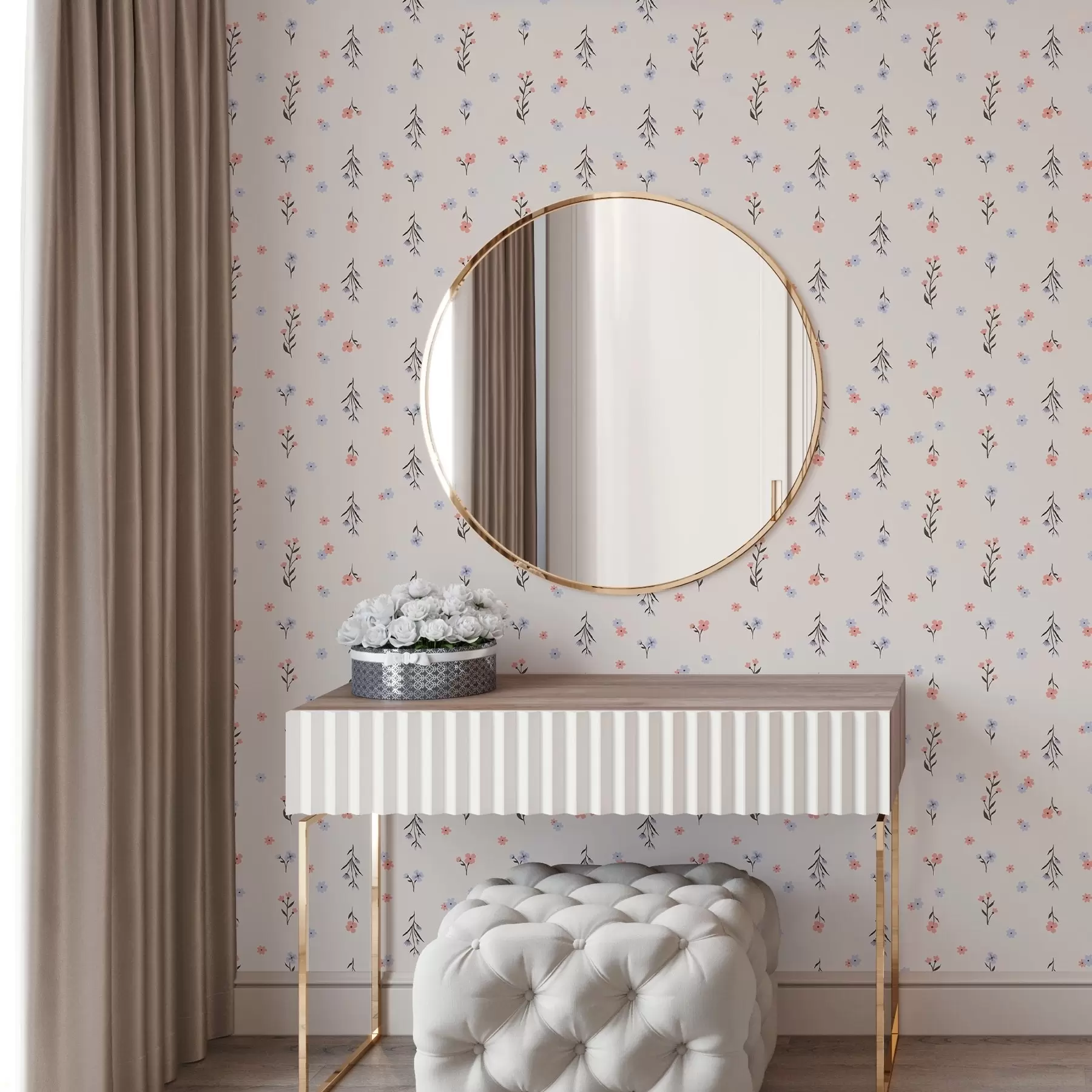 Фототапет Малки цветя в бледо розови и сини тонове на кремав фон a00110