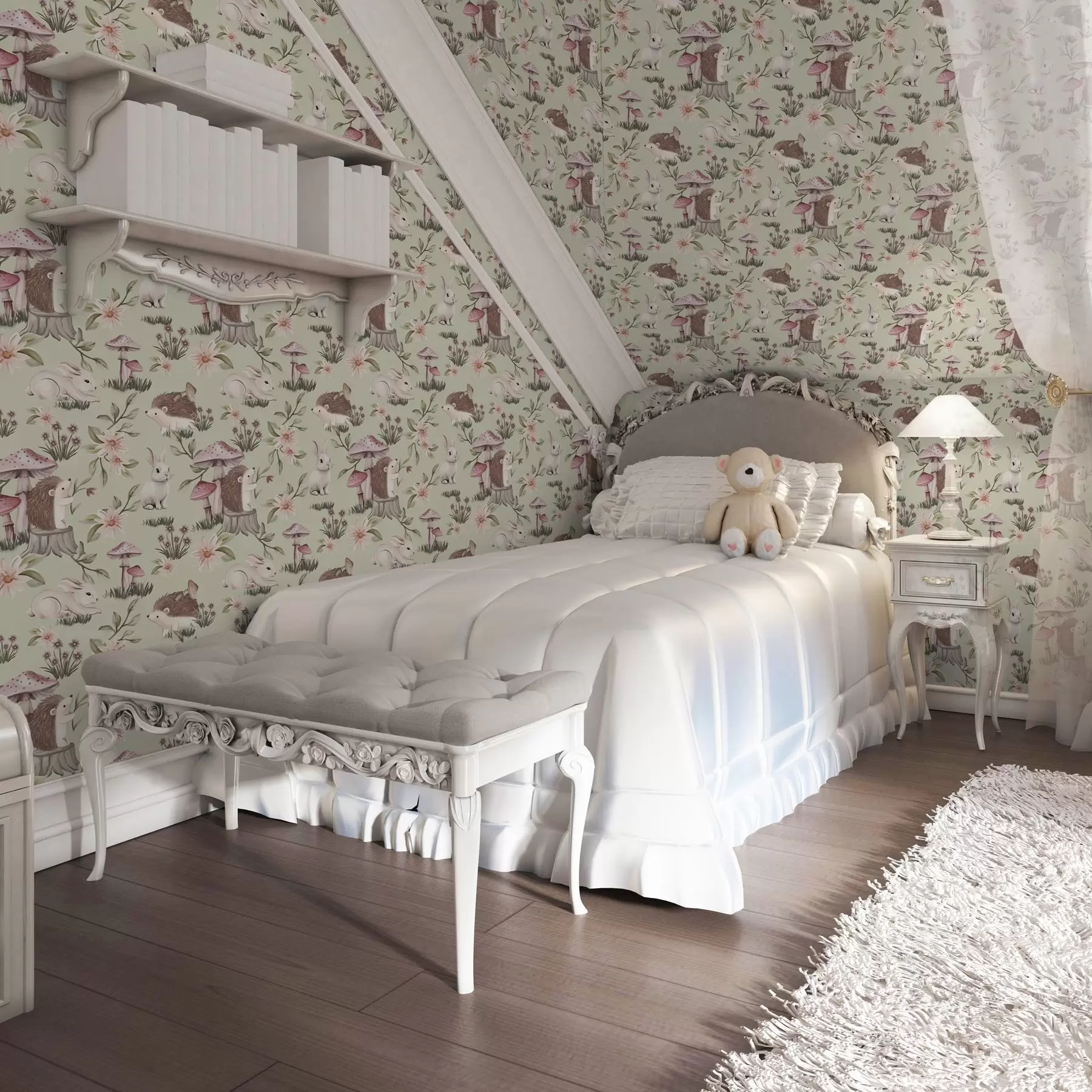 Фототапет Приказни животни и цветя на зелен фон в нежни пастелни цветове a00111v1