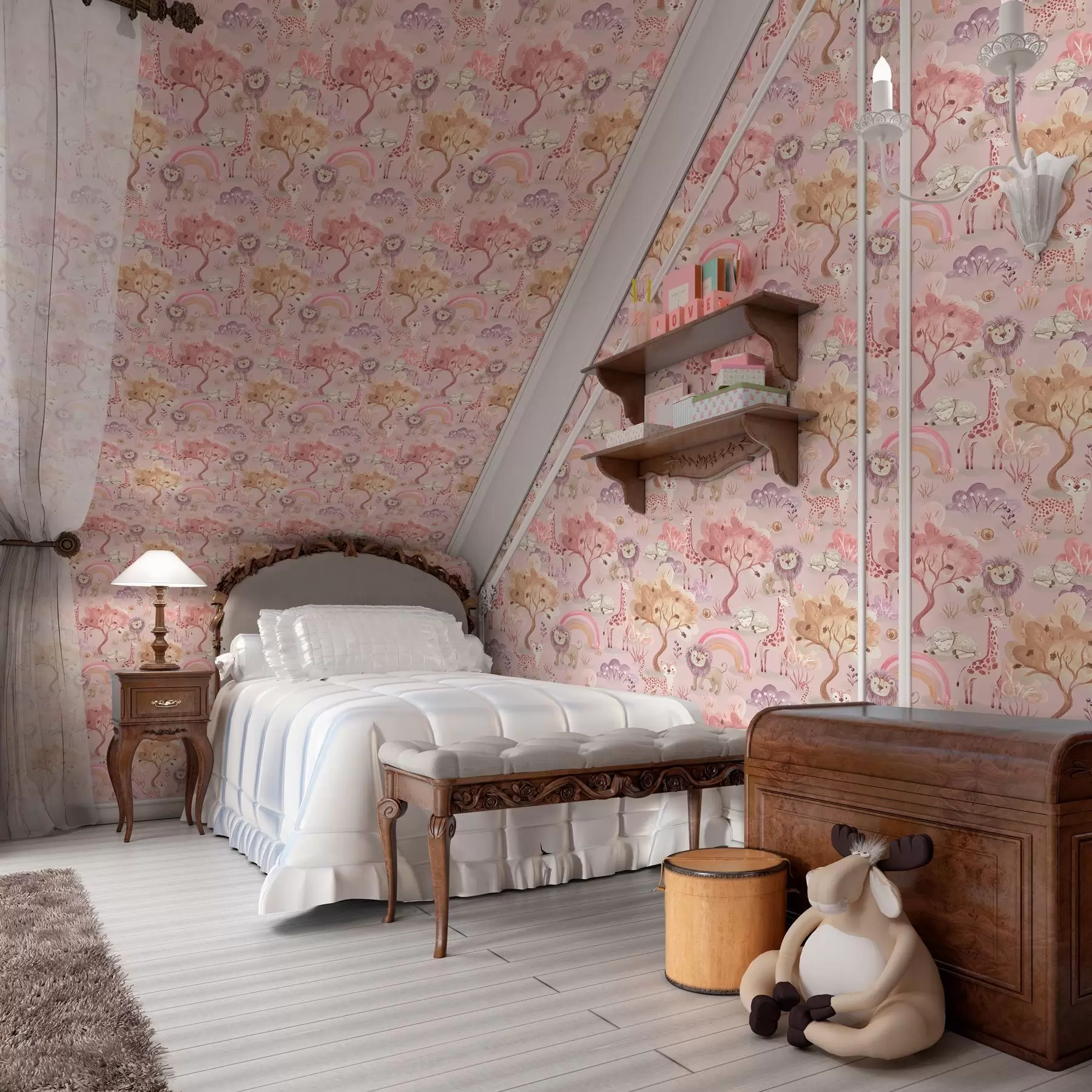 Фототапет Лъвчета, жирафи и дъги в пастелна гора a00112