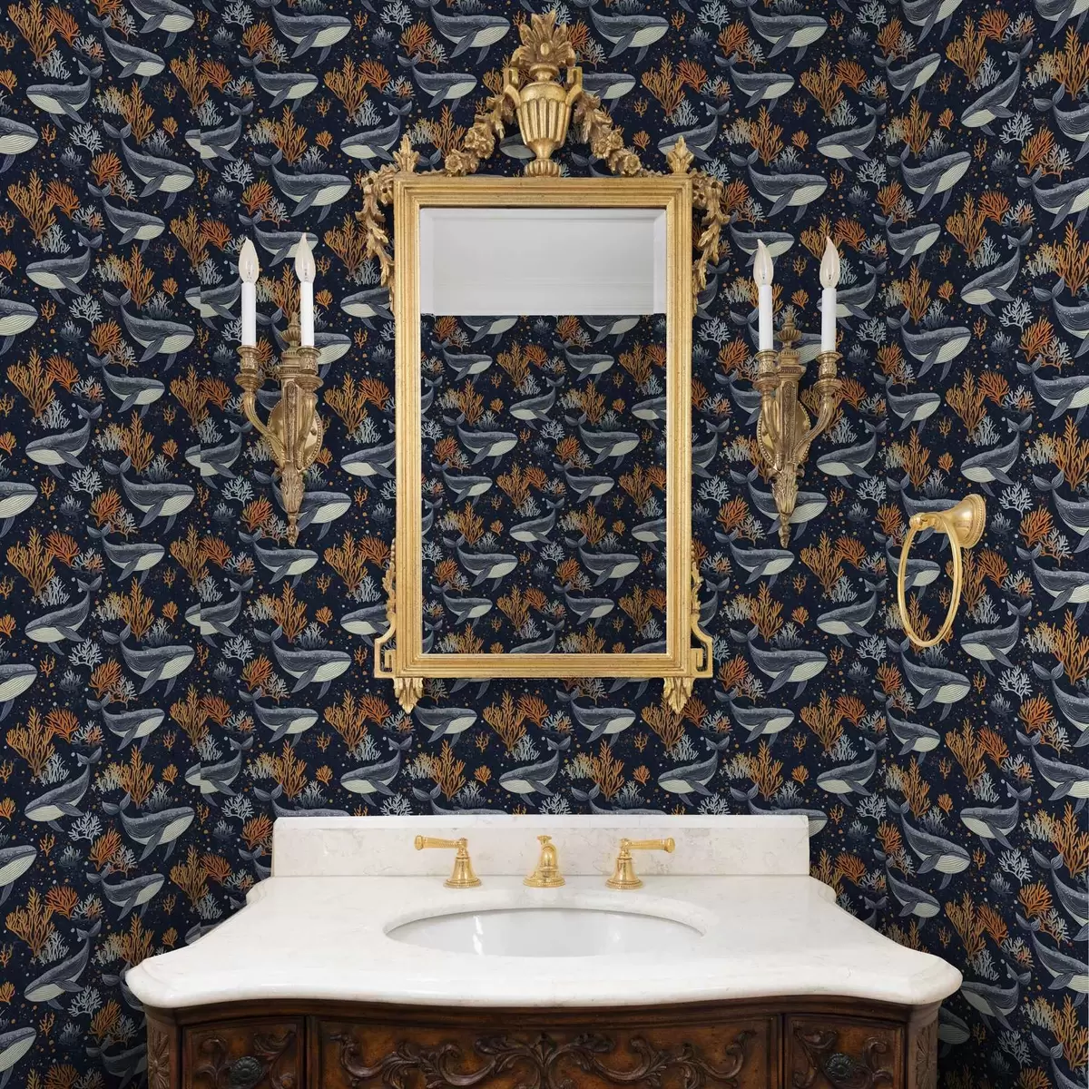 Тапети Морски китове и корали на тъмен фон a00116