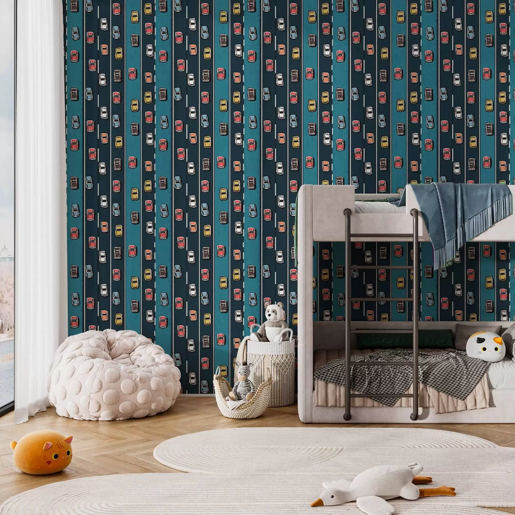 Фототапет Ретро автомобил на тъмносин път в стил 60-те години a00118