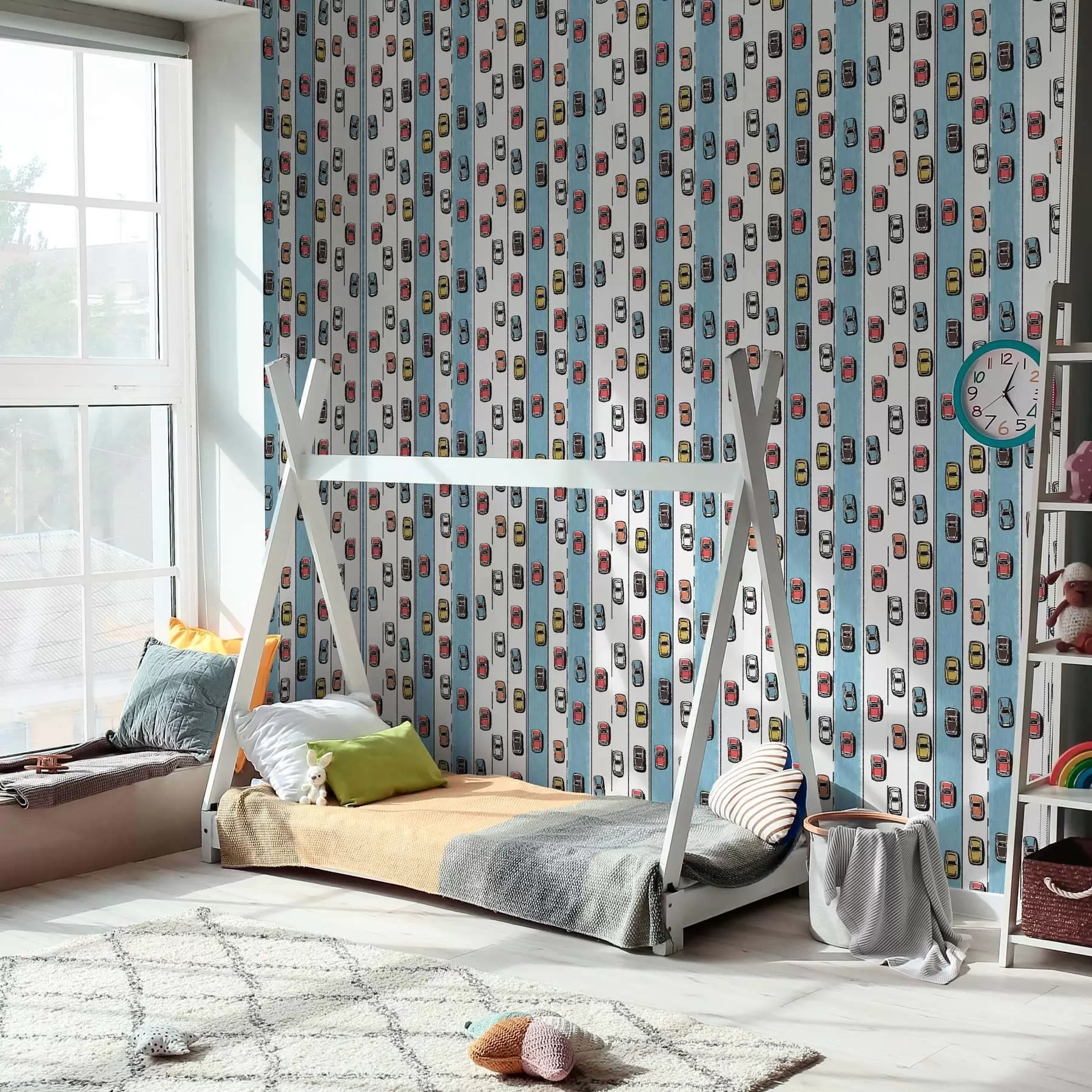 Фототапет Ретро автомобил на бял и син път в стила на 60-те години a00118v2