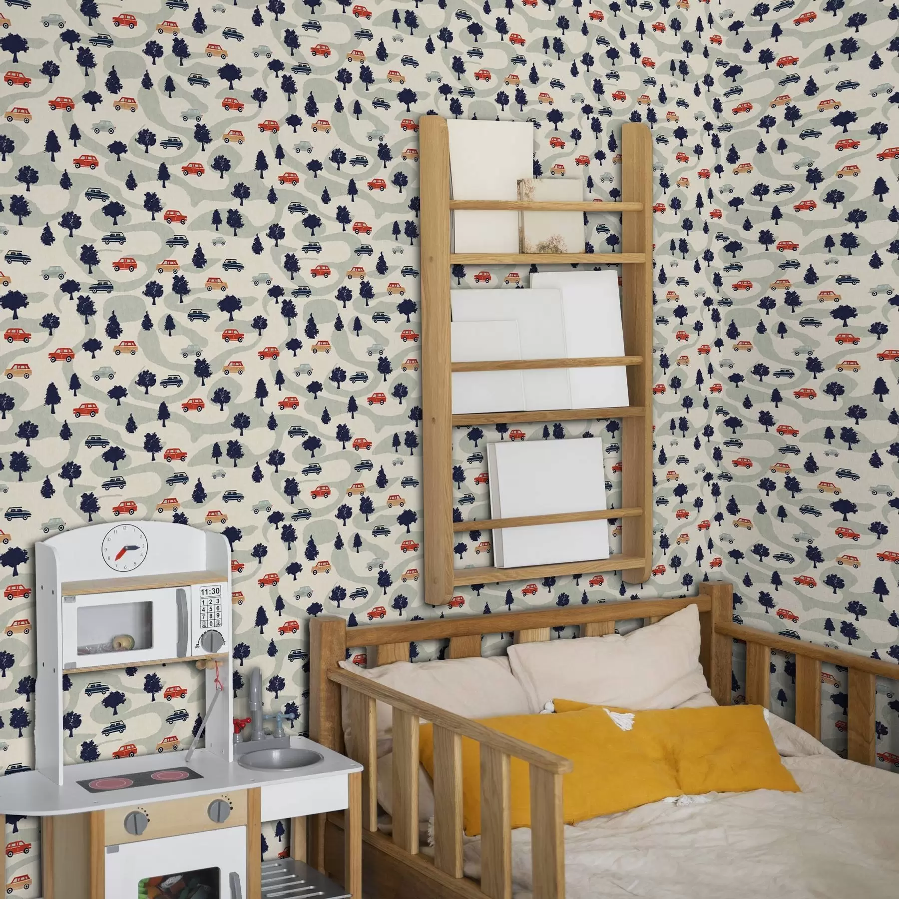 Фототапет Смешни автомобили сред дърветата на кремав фон a00119