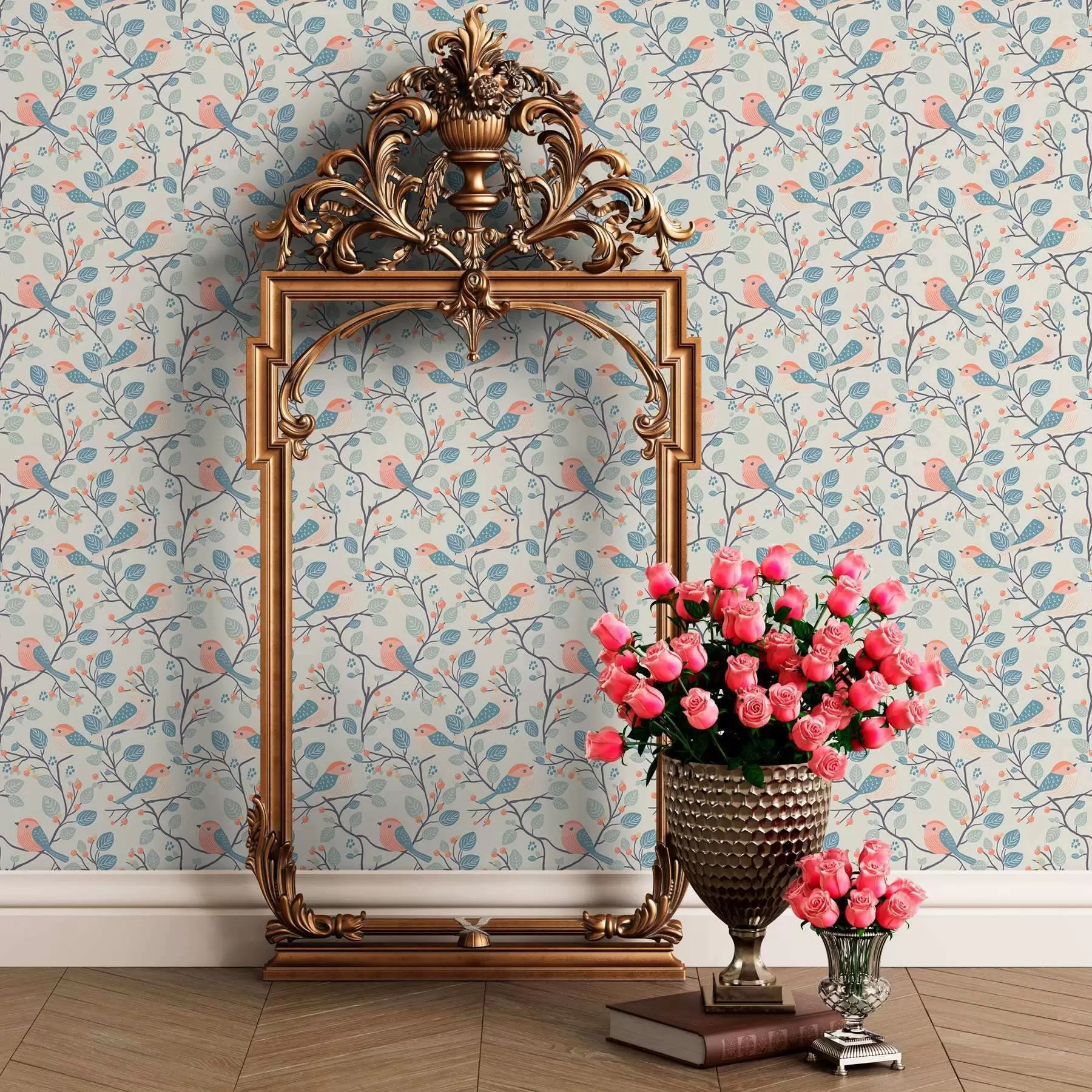 Фототапет Пастелни птици и клонки на светъл фон a00128