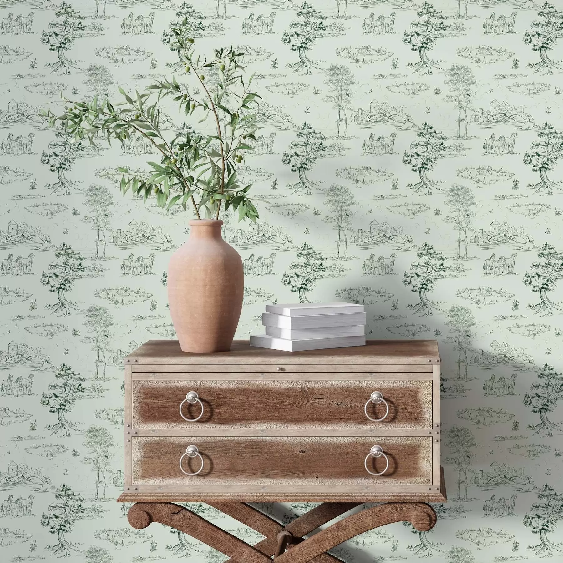 Фототапет Сцена с коне, дървета и замък на зелен фон a00133v1