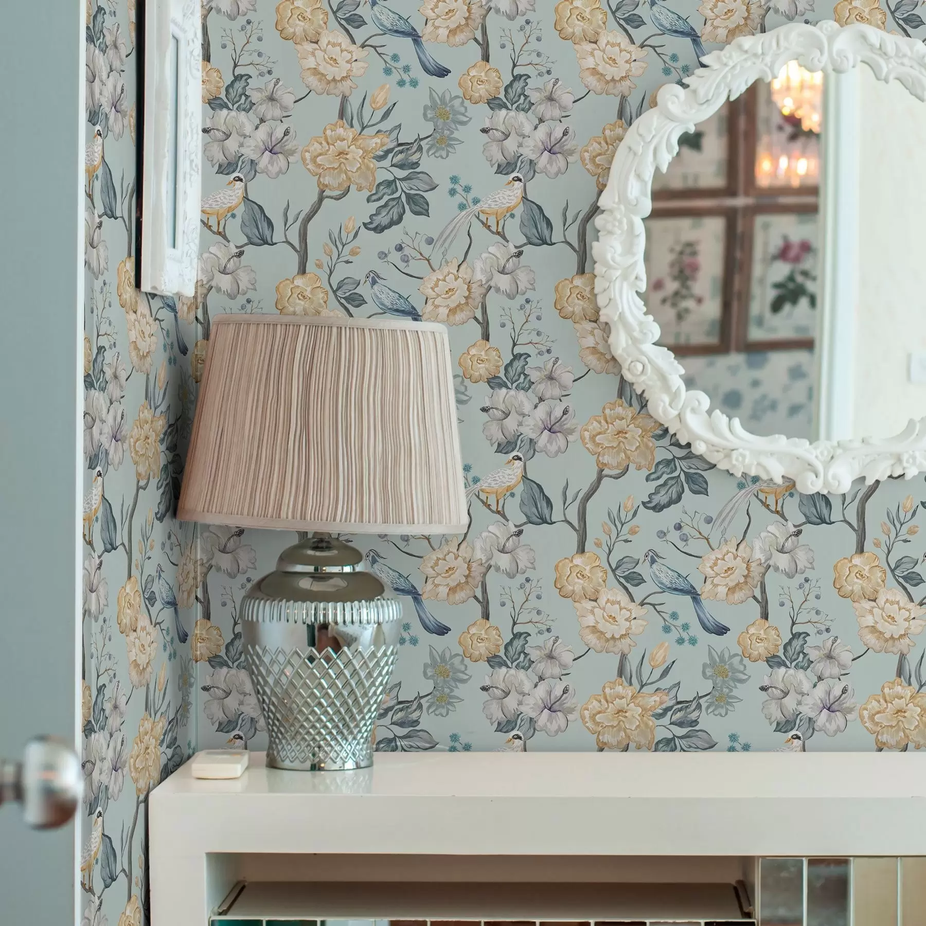 Фототапет Цветя и птици на син фон a00134