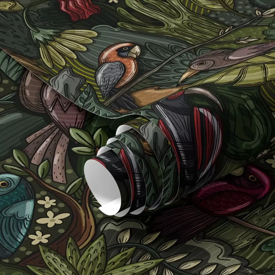 Фототапет Екзотични птици в джунглата в стил гравюра a00157