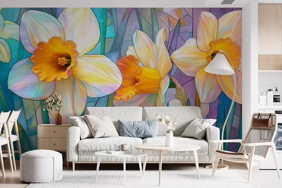 Фототапет Цветни нарциси на синьо-виолетов витражен фон w09092