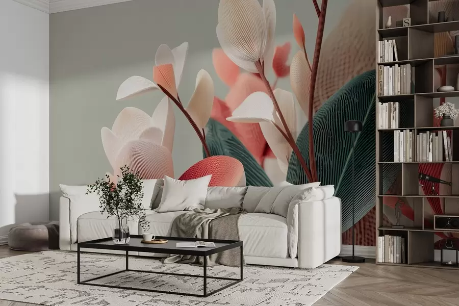 Фототапет Текстурирани цветя и листа в пастелни и зелени тонове w09094