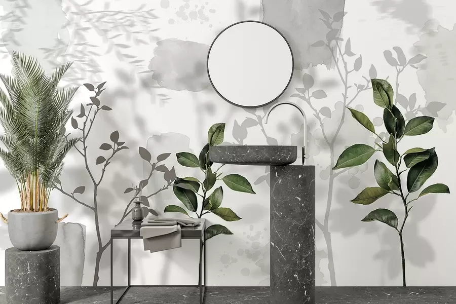 Фототапет Листа от лимоново дърво, сенки от клони на дърво, природа, акварел, зелено w03910v1