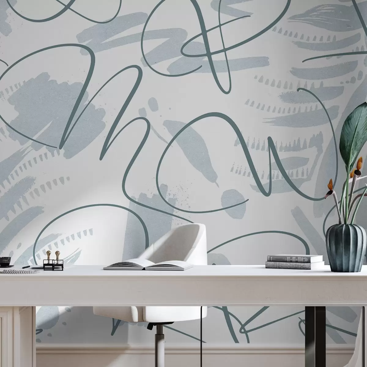 Фототапет Калиграфска абстракция с букви, мазки на четката, син цвят w03913v1