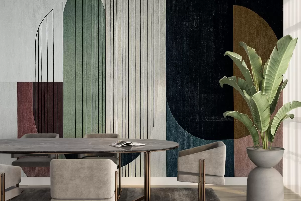 Фототапет модерна абстрактна геометрична композиция с припокриващи се форми и вертикални линии, тънки линии, запълващи трапецовидни и овални форми, мека текстилна текстура, топли приглушени тонове като маслинено зелено, сиво, бежово и въглен, фини ефекти на прозрачност между формите w03937