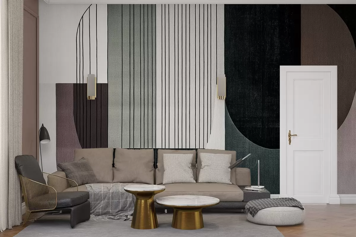 Фототапет модерна абстрактна геометрична композиция с припокриващи се форми и вертикални линии, тънки линии, запълващи трапецовидни и овални форми, мека текстилна текстура, топли приглушени тонове като маслинено зелено, сиво, бежово и въглен, фини ефекти на прозрачност между формите w03937v1