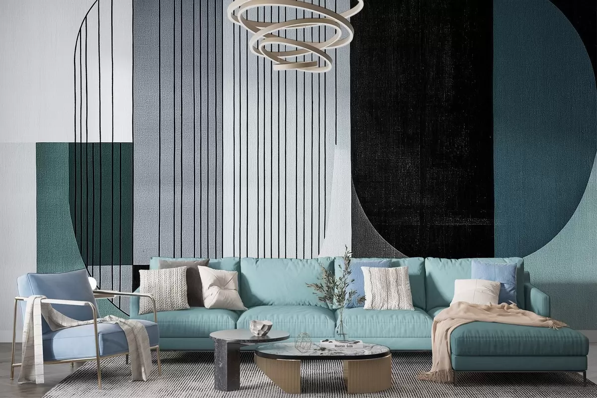 Фототапет модерна абстрактна геометрична композиция с припокриващи се форми и вертикални линии, тънки линии, запълващи трапецовидни и овални форми, мека текстилна текстура, топли приглушени тонове като маслинено зелено, сиво, бежово и въглен, фини ефекти на прозрачност между формите w03937v2