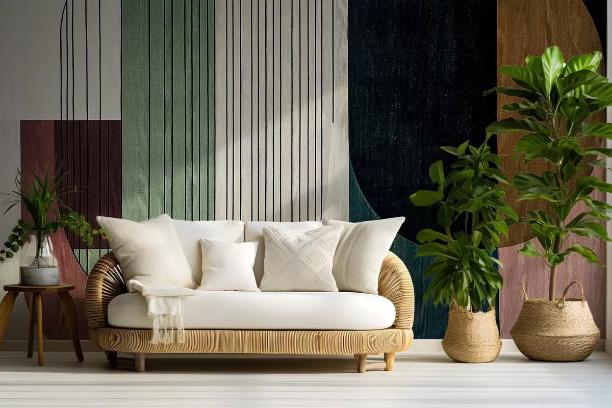 Фототапет модерна абстрактна геометрична композиция с припокриващи се форми и вертикални линии, тънки линии, запълващи трапецовидни и овални форми, мека текстилна текстура, топли приглушени тонове като маслинено зелено, сиво, бежово и въглен, фини ефекти на прозрачност между формите w03937v3