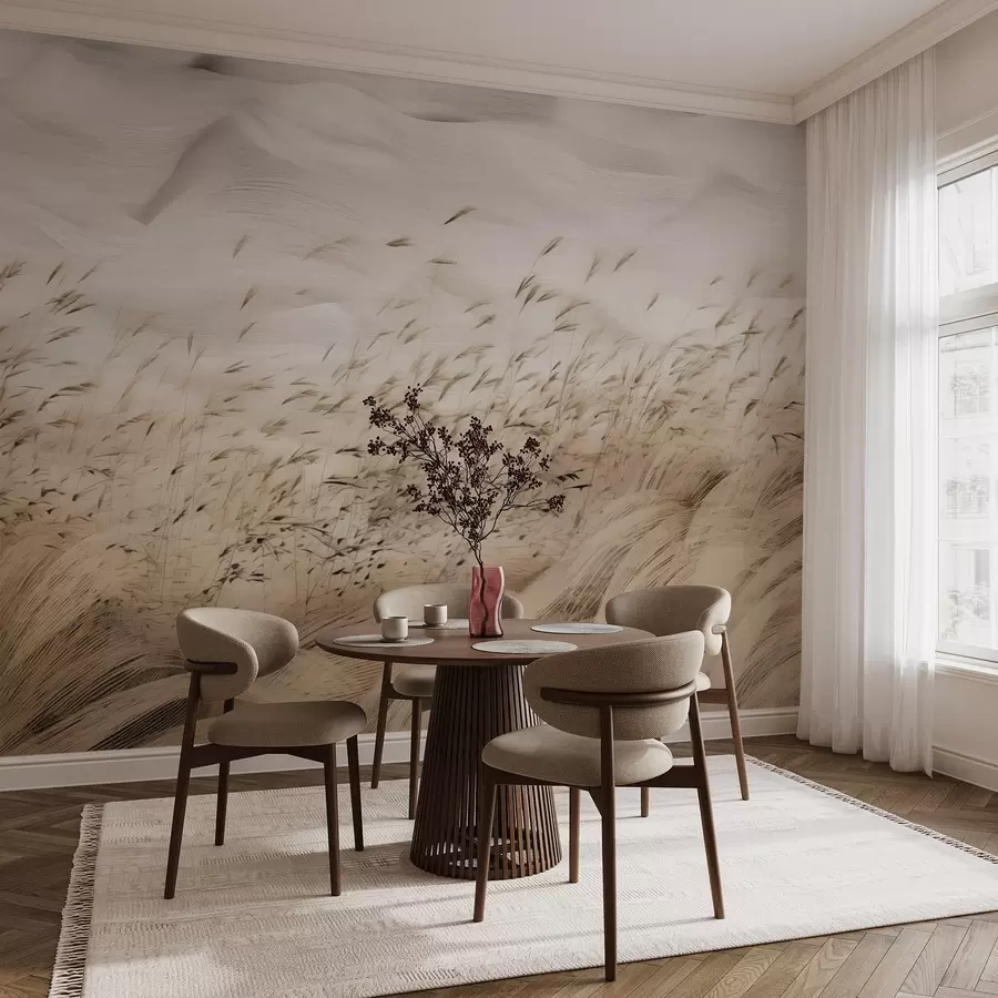 Фототапет абстрактни поля от трева, раздути от вятъра, в бежови и каменни тонове, линии от скица с мастило на фона на текстурирана хартия, северна провинция, спокойствие w03941