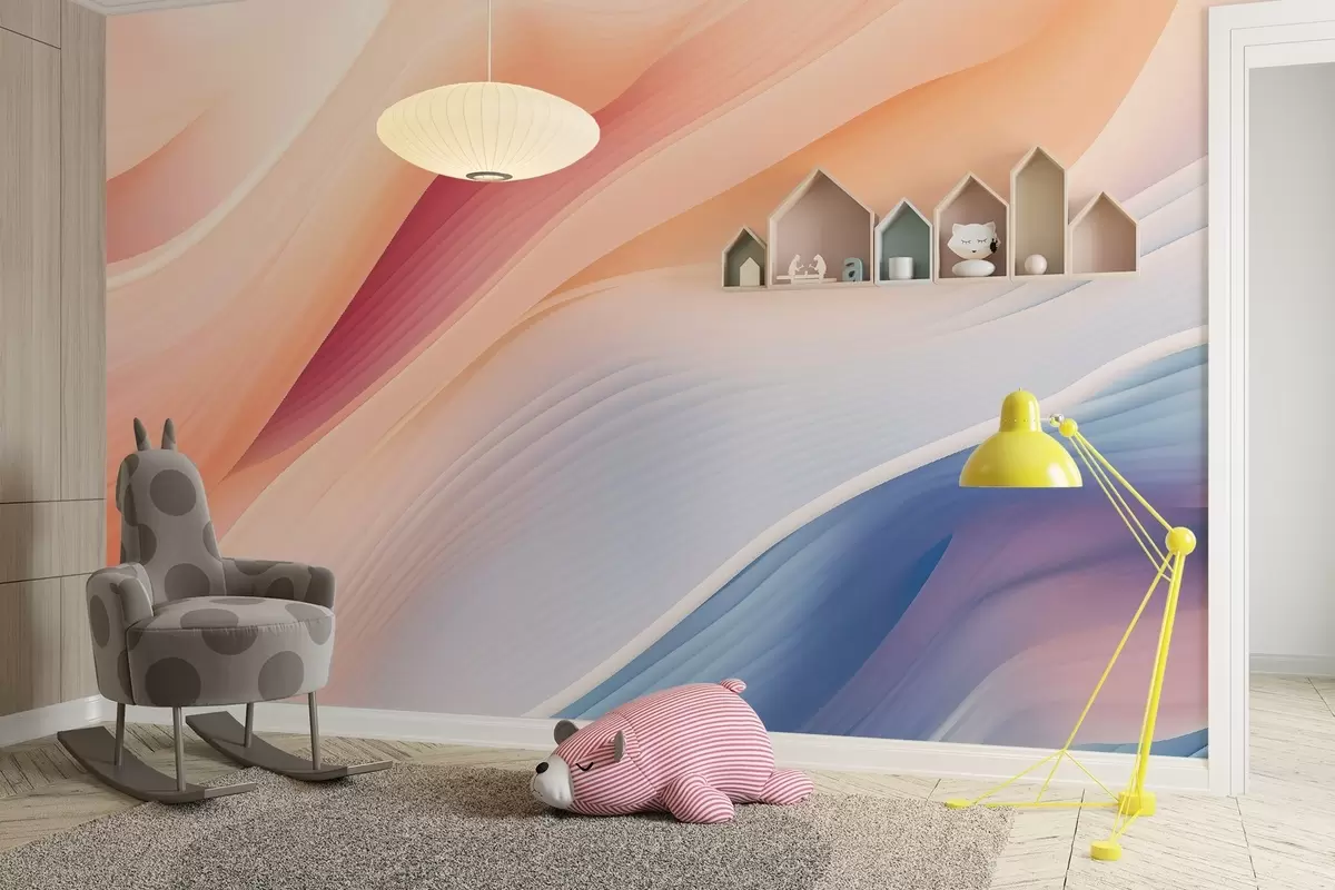 Фототапет абстрактни течащи форми, вдъхновени от вятъра и водата, ръчно рисувани с меки пастелни градиенти и фина текстура, органично движение като коприна в забавено движение, блед фон от слонова кост, естествена хармония, без предмети, без символи, модерна поетична композиция на тапети w03942