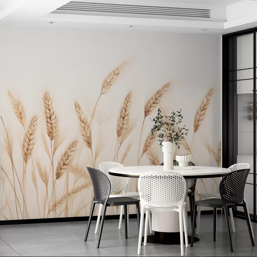 Фототапет деликатна ботаническа илюстрация на пшенични стъбла, ръчно рисуван стил, фини линии с пастелна тебеширена текстура, мека сепия и земни кафяви тонове, бял фон, симетрична елегантна композиция, естествена естетическа скица w03943