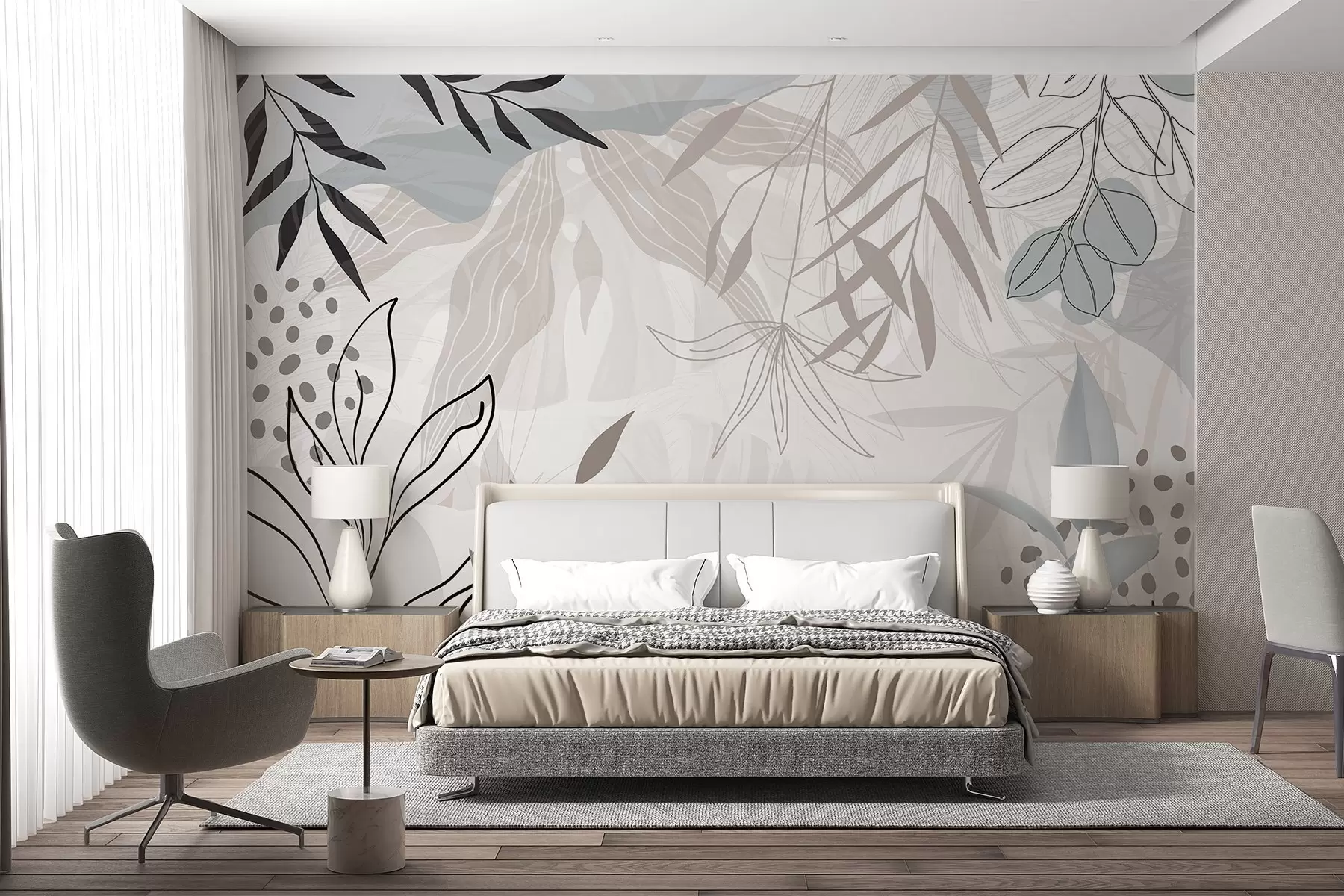 Фототапет Абстрактен цветен модерен дизайн с пастелни бежови, сиви, сини и черни листа, деликатни линии и мек фон  w09105