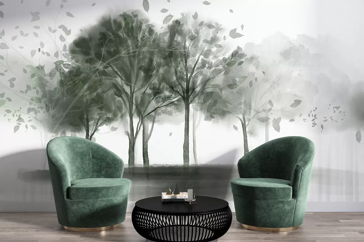 Фототапет Абстрактен пейзаж с дървета със зелени листа, отразяващи се във водата, в акварелен текстуриран стил w09109