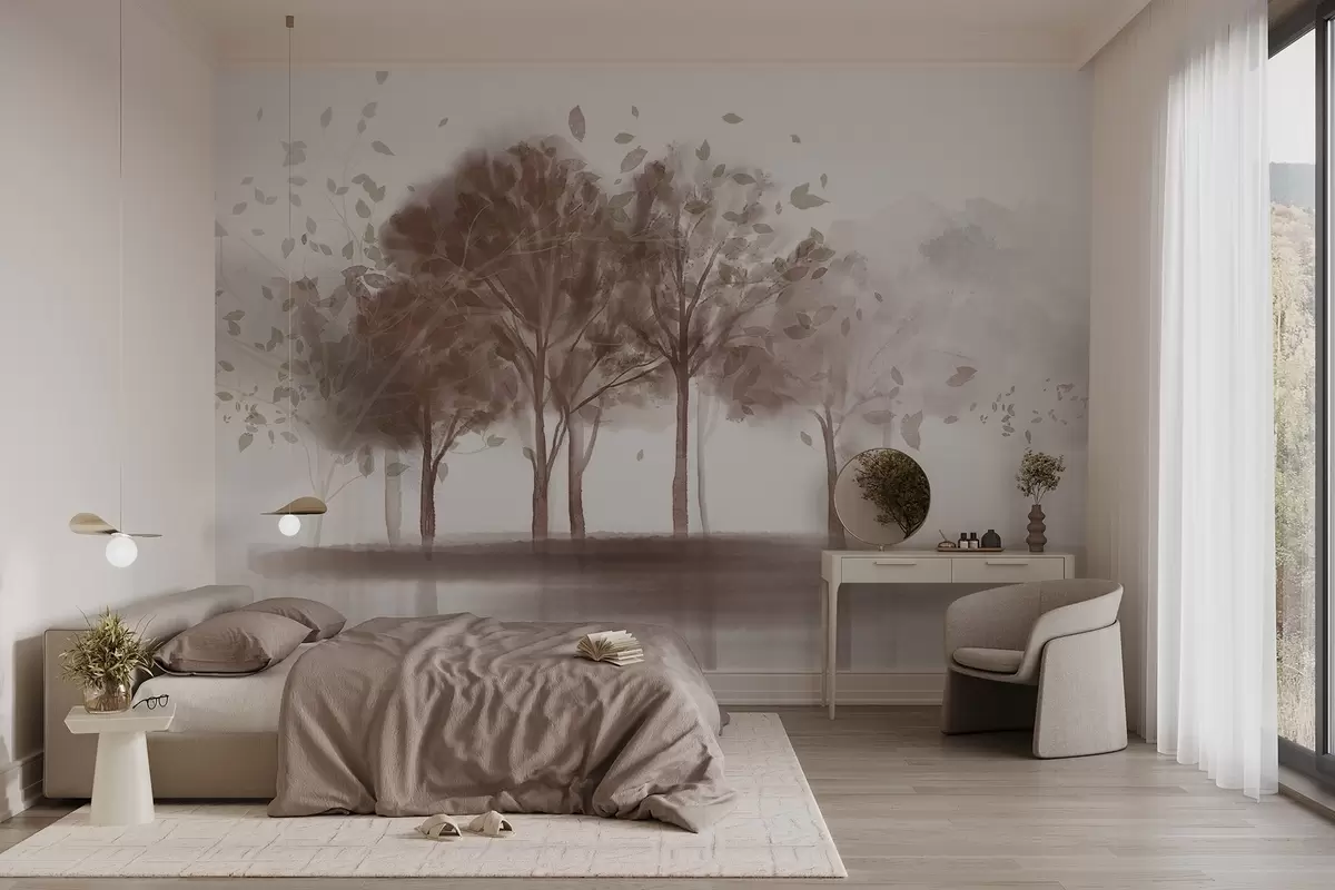 Фототапет Абстрактен пейзаж с дървета с кафяви листа, отразяващи се във водата, в акварелен текстуриран стил w09109v1