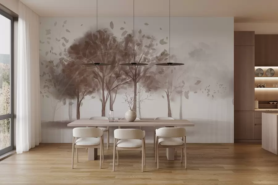 Фототапет Абстрактен пейзаж с дървета с кафяви листа, отразяващи се във водата, в акварелен текстуриран стил w09109v1