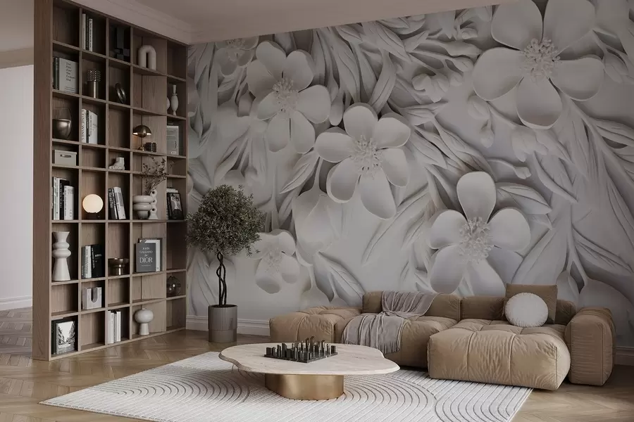 Фототапет Бели цветя и листа на бял фон, елегантни цветя, декоративен дизайн, сложни детайли w09113