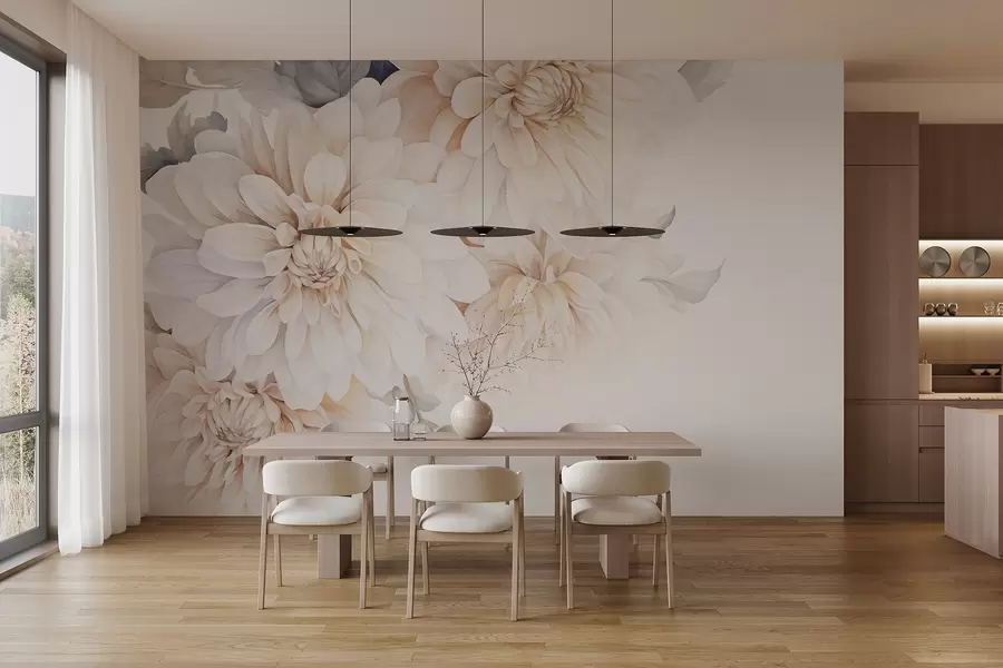 Фототапет Пастелни гергини с меки, деликатни прасковени и бели леки венчелистчета в акварелен стил, мек фон w09115