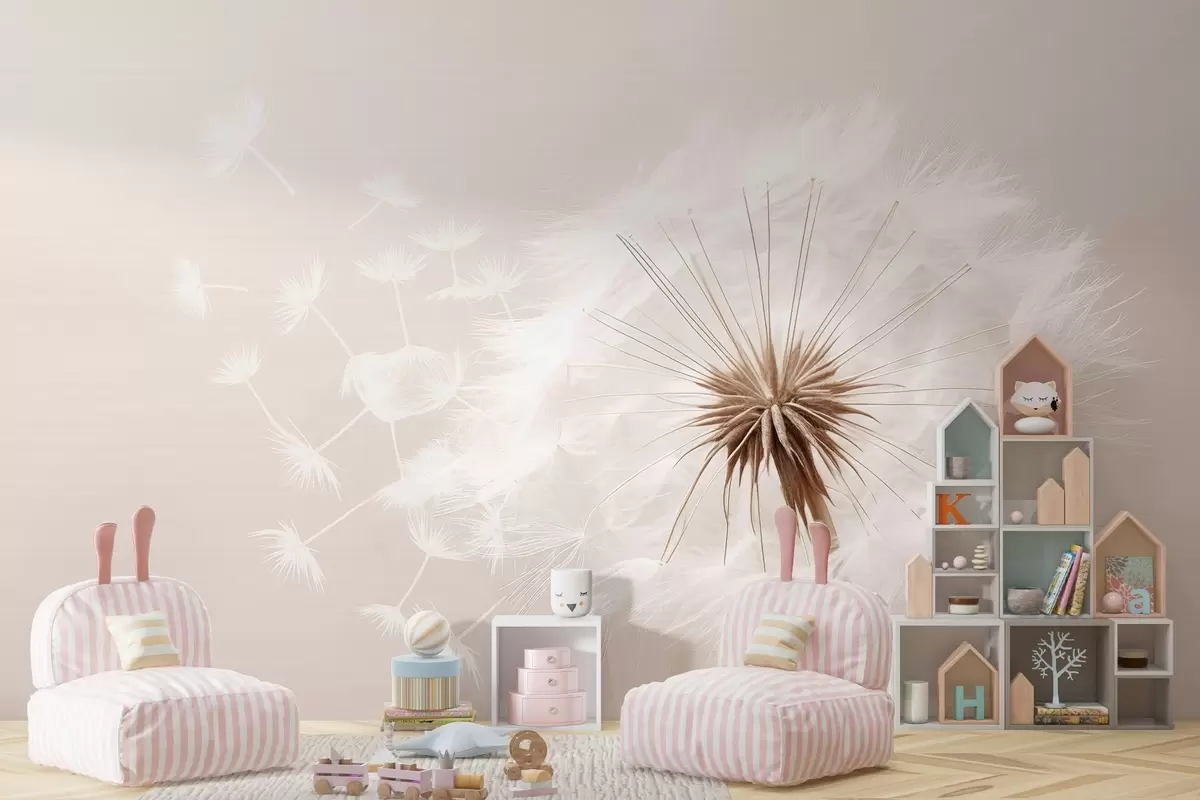 Фототапет Модерна мека флорална композиция с напълно разцъфнала глава на глухарче и плаващи семена, разположени върху деликатна текстура, наподобяваща текстил w03939