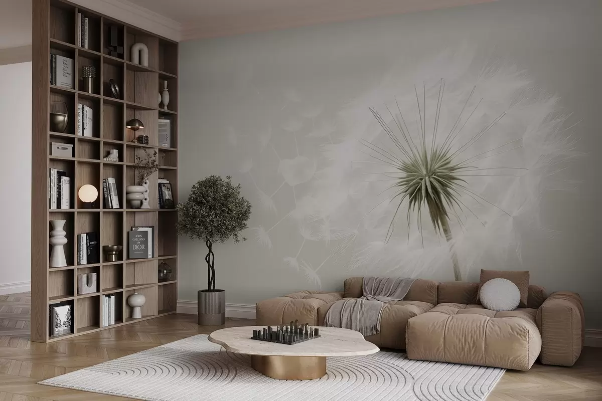 Фототапет Модерна мека флорална композиция с напълно разцъфнала глава на глухарче и плаващи семена, разположени върху деликатна текстура, наподобяваща текстил w03939v1