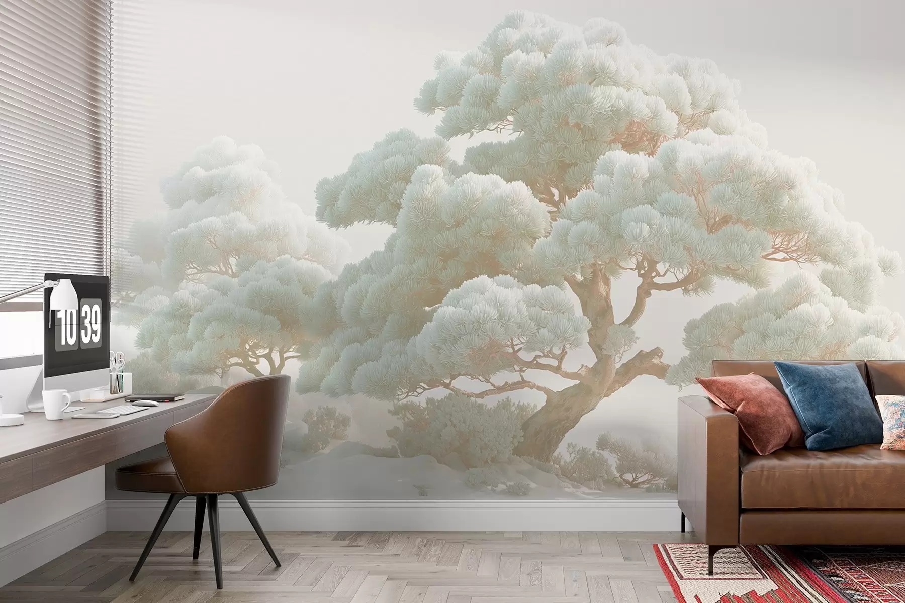 Фототапет Борови дървета в мъглата в меки тонове, стоящи в гора w09122