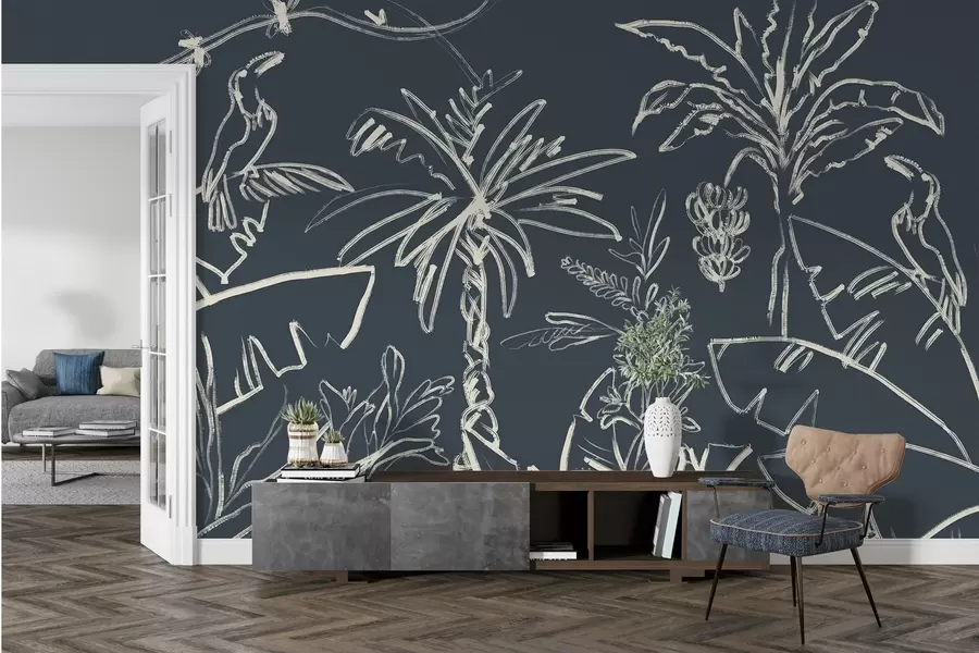 Фототапет Тропически модел на тъмносин фон, палми, банани w04020v4