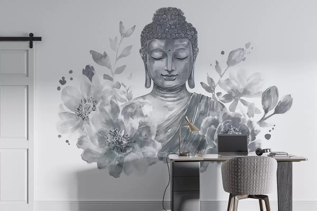 Фототапет Акварел Буда с цветя, духовен, сив цвят  w04005v1