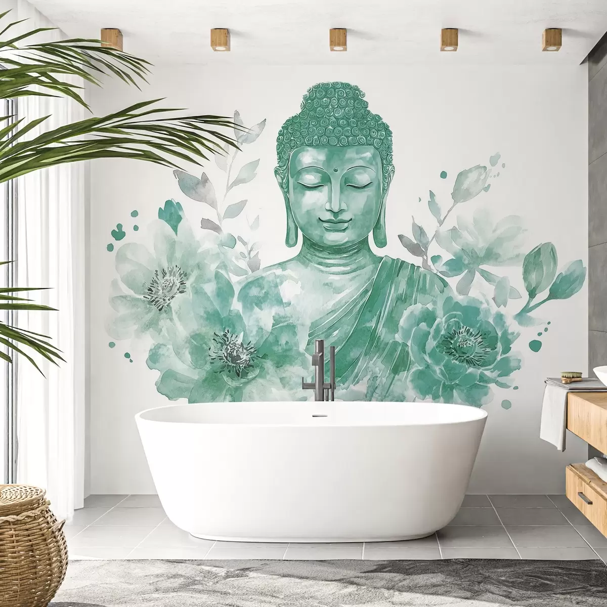 Фототапет Акварелен Буда с цветя, духовен, зелен цвят  w04005v3