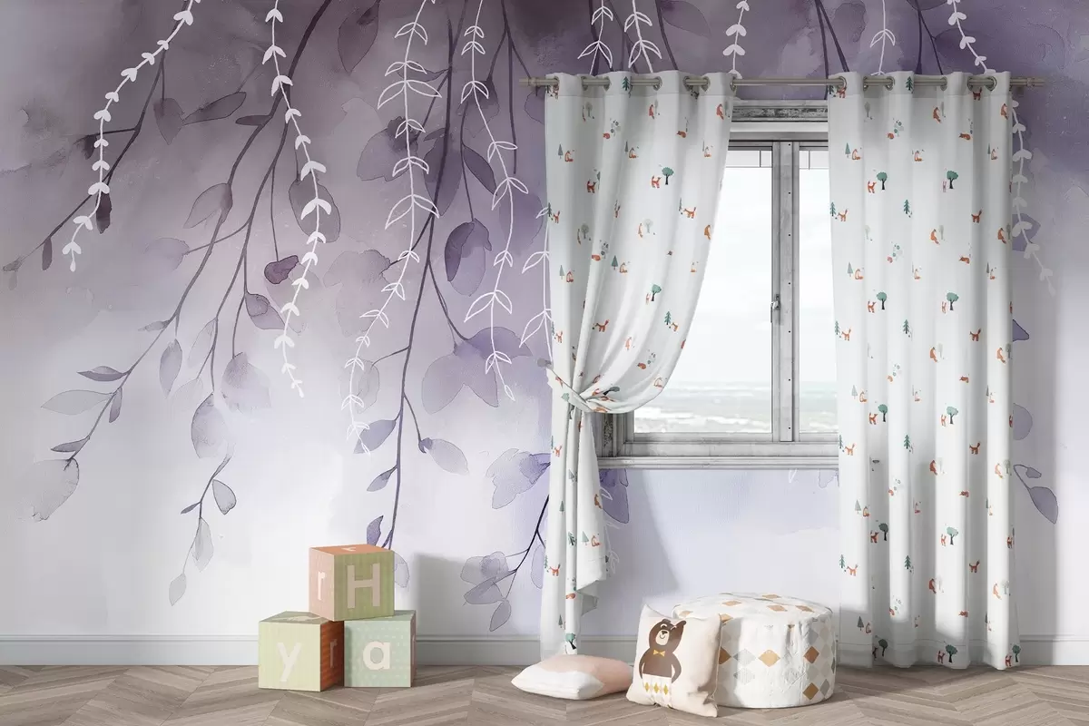 Фототапет Клони с листа в акварелен стил, естествени лилави цветове w04007v2