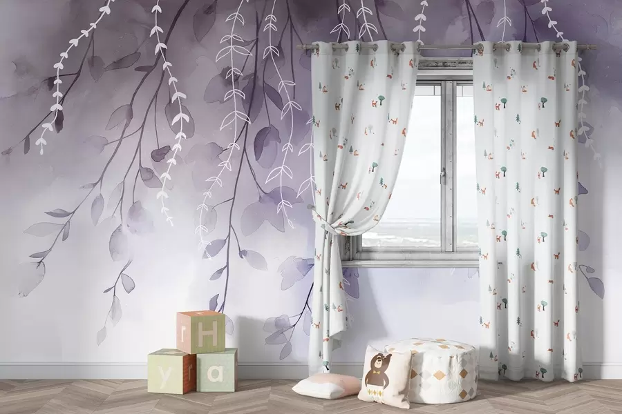 Фототапет Клони с листа в акварелен стил, естествени лилави цветове w04007v2