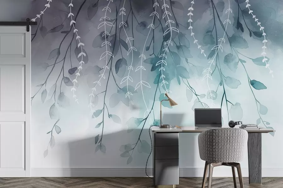 Фототапет Клони с листа в акварелен стил, естествени аквамаринови цветове w04007v3