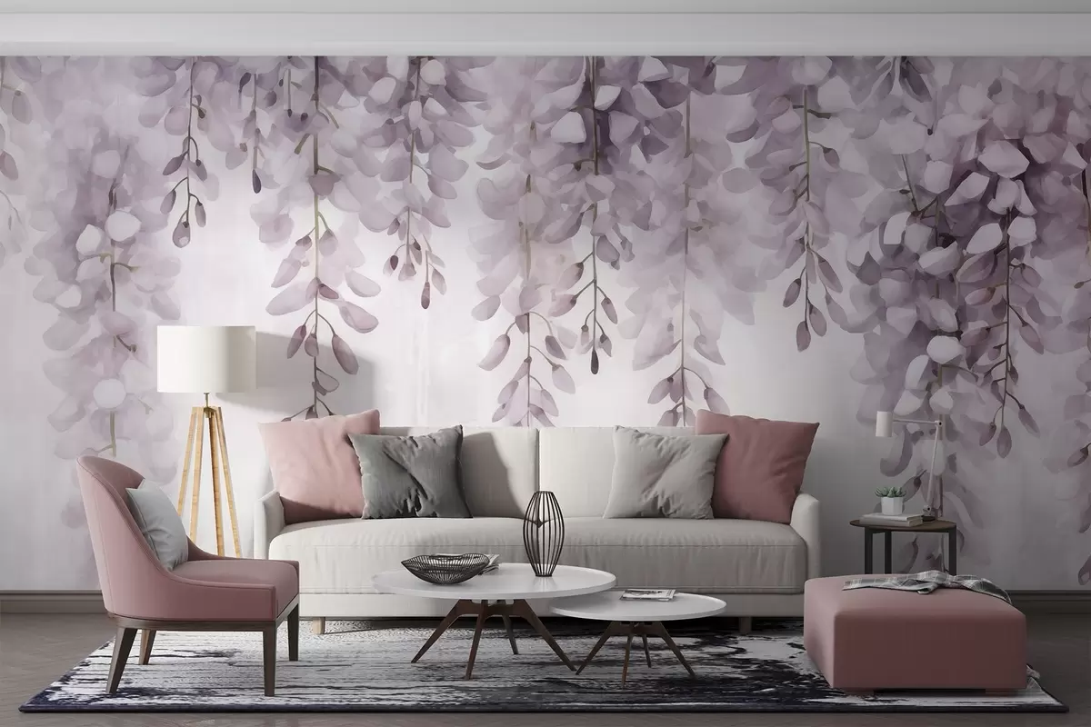 Фототапет Акварелна сцена с нежна люлякова глициния, която се спуска на каскади отгоре и напомня за спокойствието и яснотата на ранна сутрешна мъгла w04034v3