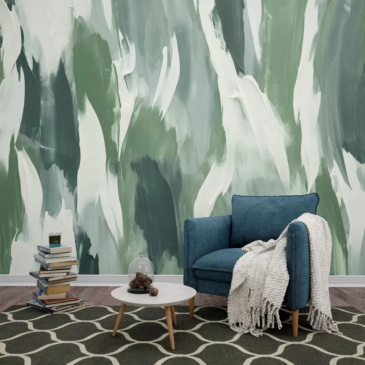 Фототапет Абстрактна текстура от смели зелени и кремави мазки, напомнящи за ритъма на ветровити листа и органично движение w04035