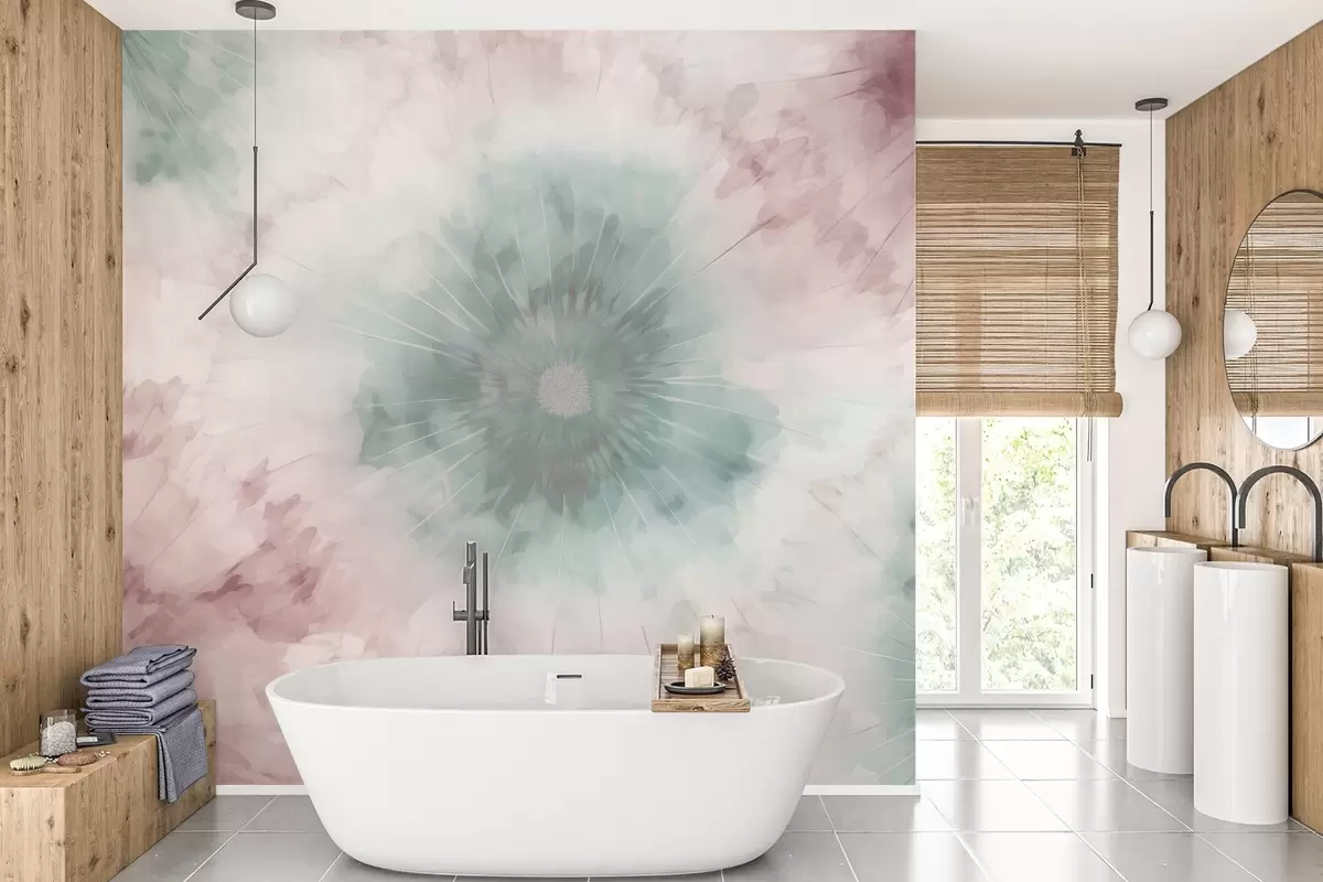 Фототапет Акварелен радиален модел, съчетаващ мъгливо зелено и прашно розово, напомнящ за мекотата на утринната роса и първия дъх на деня w04036v2