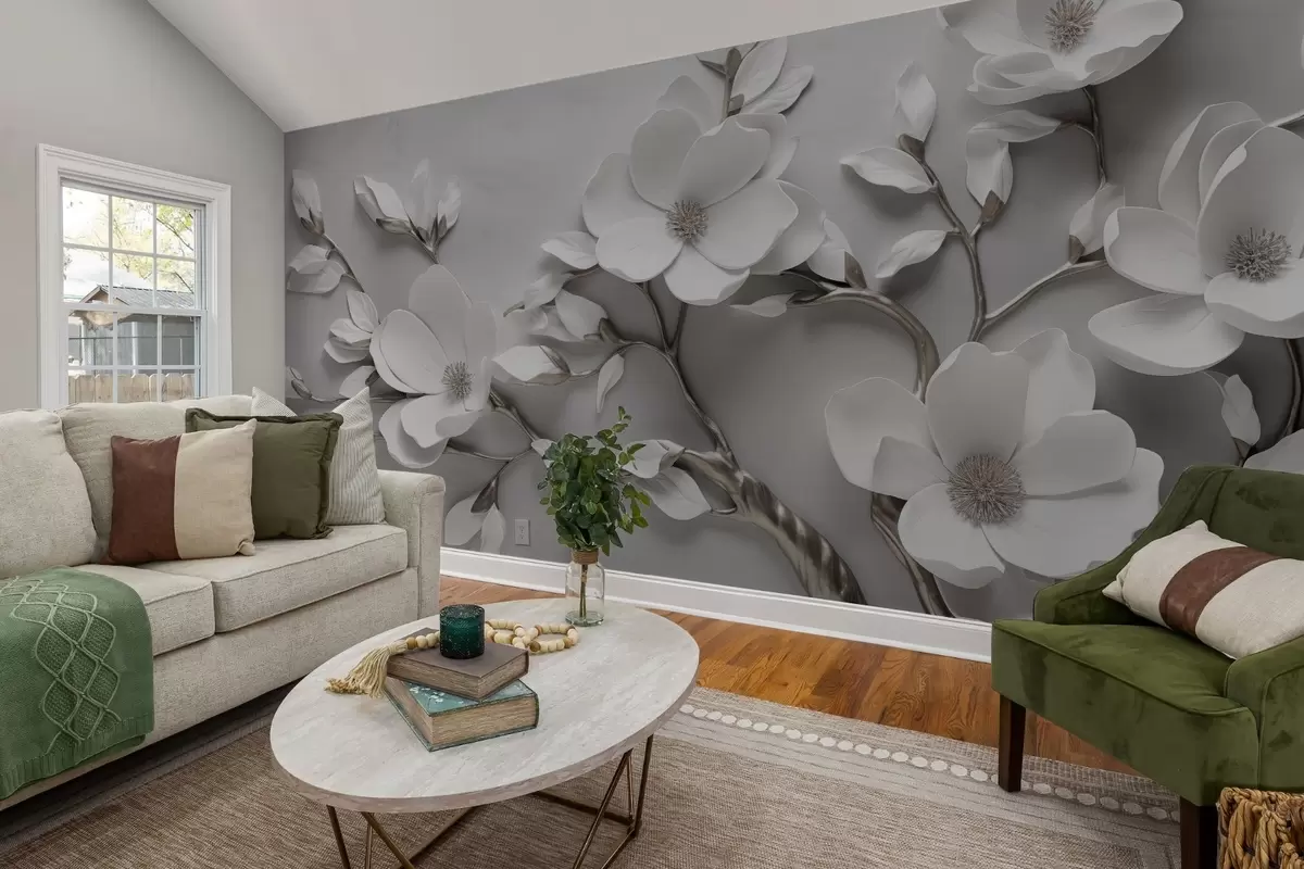 Фототапет Измерна флорална клонка в чисто бяло и неутрални тонове w04039v2