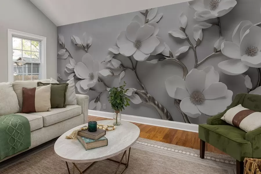 Фототапет Измерна флорална клонка в чисто бяло и неутрални тонове w04039v2