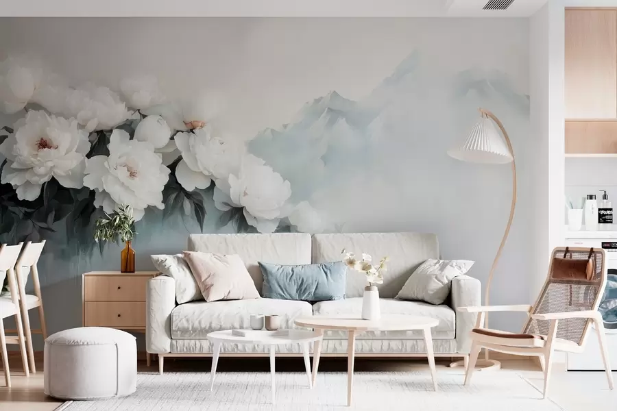 Фототапет живописни пищни бели божури на фона на мъгливи планини w03965