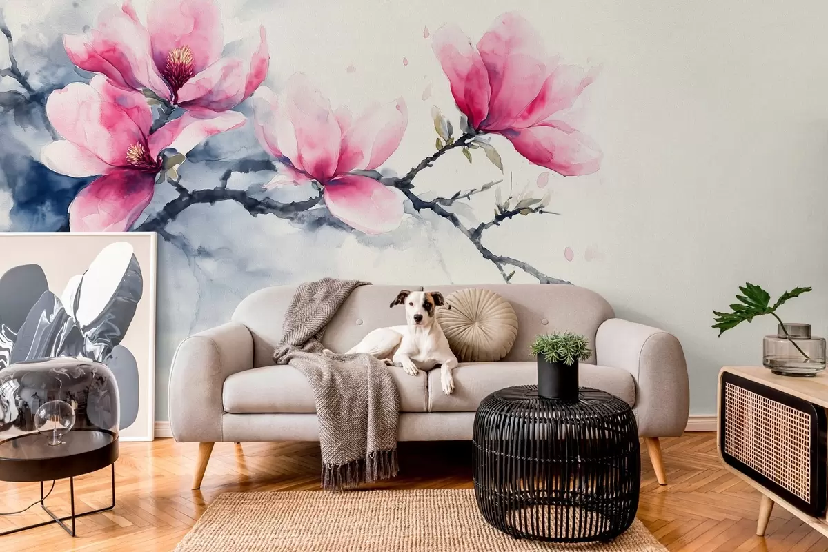 Фототапет разцъфнал клон на розова магнолия на фон от слонова кост w04027