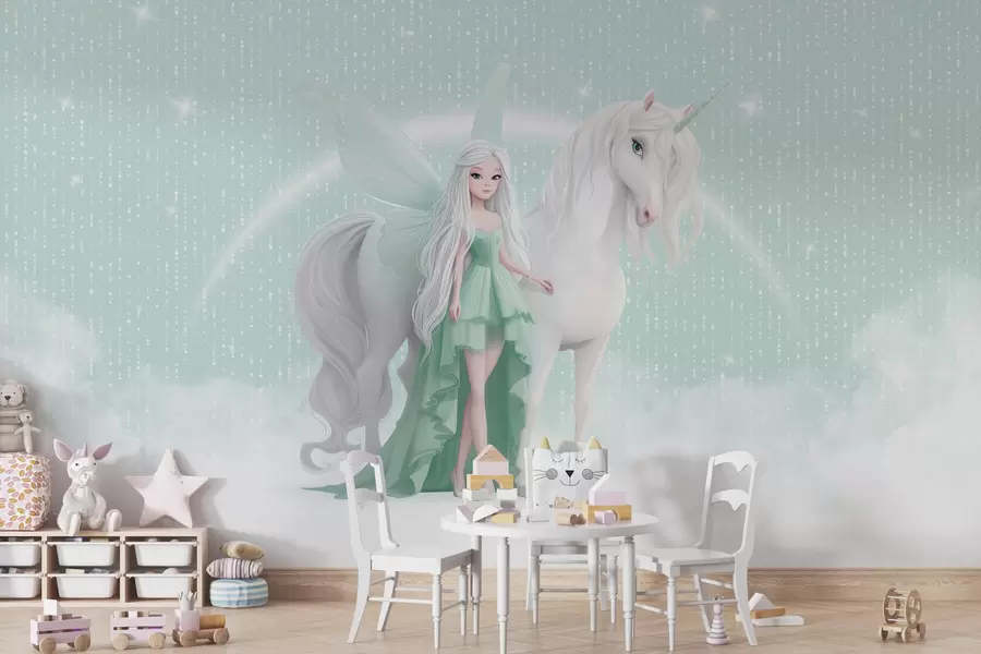 Фототапет Фея с еднорог сред облаците w03527v2